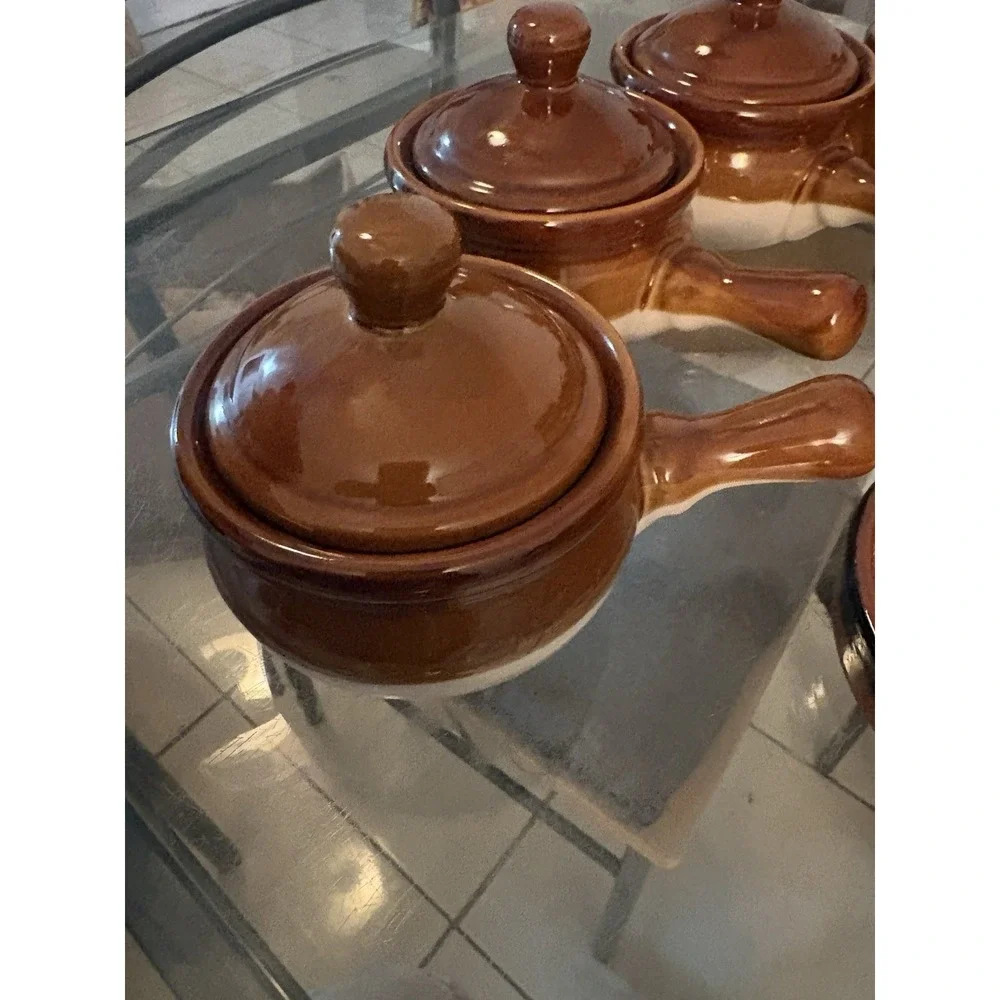VTG Brown Drip Glaze Ceramic Soup Tureen Ladle Lid Bowls Ramekins Set Made China